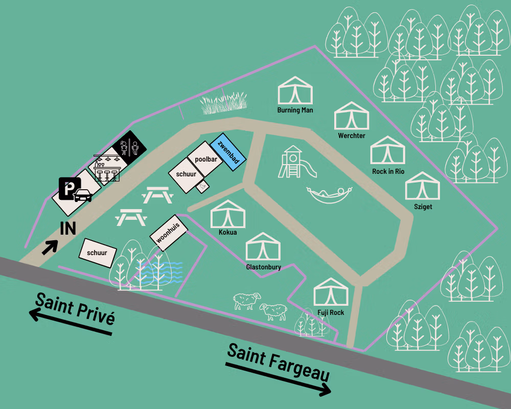 Plattegrond van Festilux Camp., Glamping in Frankrijk Op de plattegrond zie je de 7 luxe safaritenten, het speeltoestel en het verwarmde zwembad