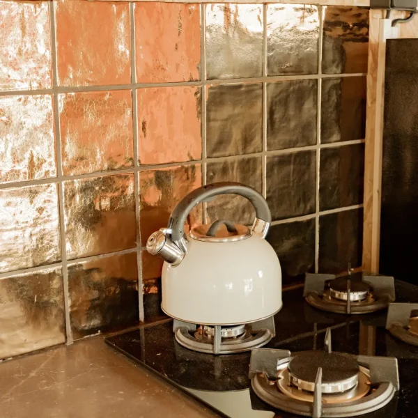 plaque de cuisson dans la tente safari Burning Man avec carreaux dorés