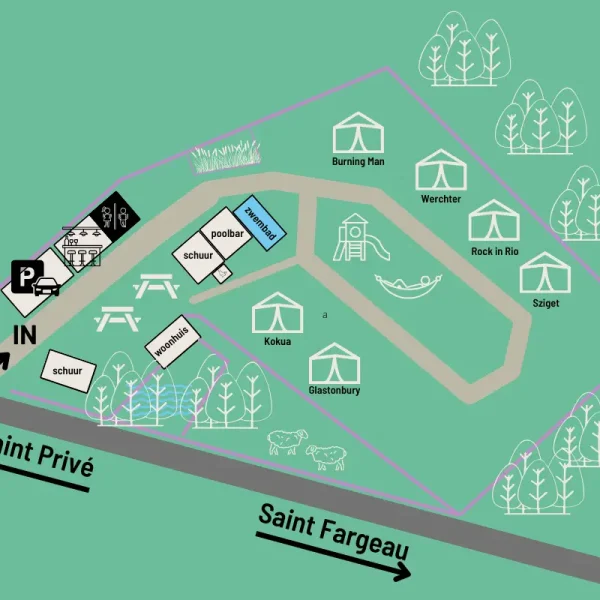 Carte de Festilux Camp, un petit camp de vacances adapté aux enfants en Bourgogne, France, montrant les tentes safari, la piscine et la place publique sur laquelle se trouvent les salles de bain privées.